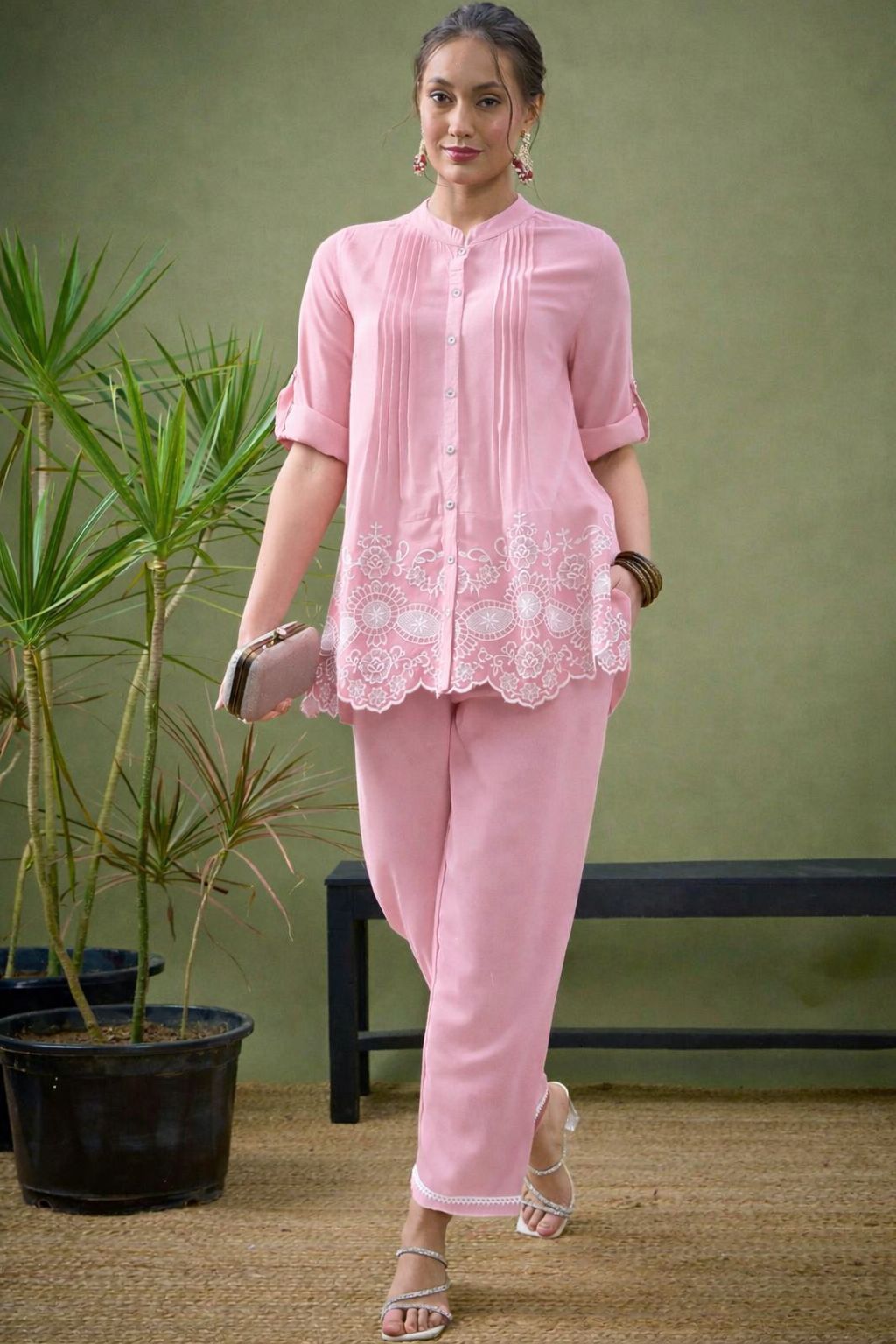 Pink Embroidered Cotton Cord Set for Women