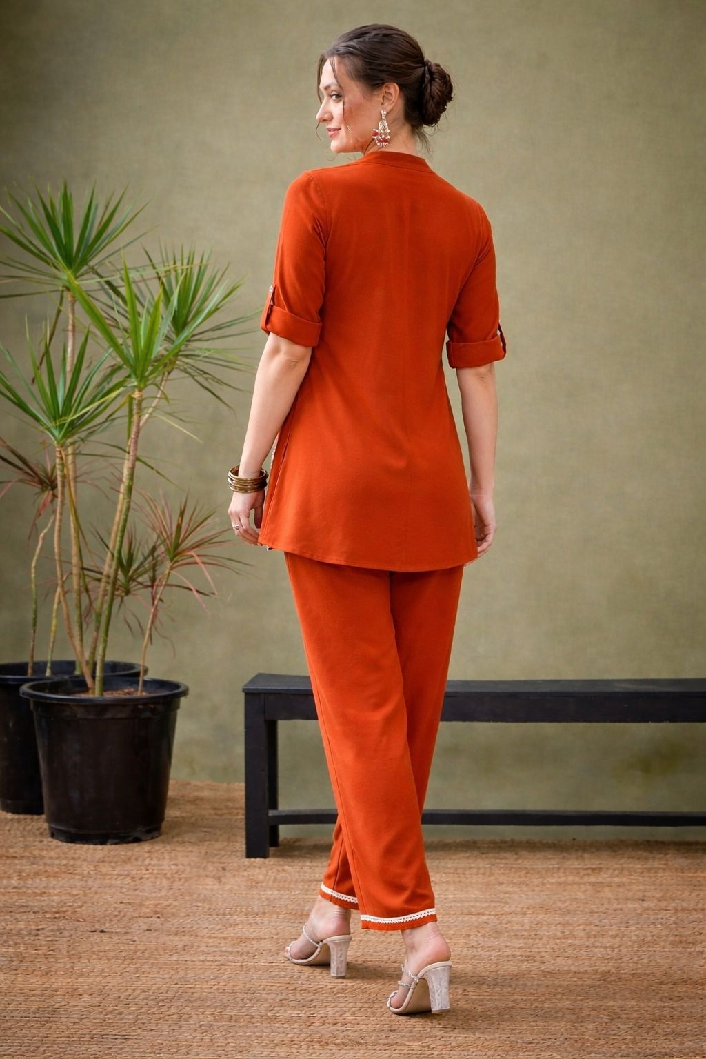Orange Embroidered Cotton Cord Set for Women