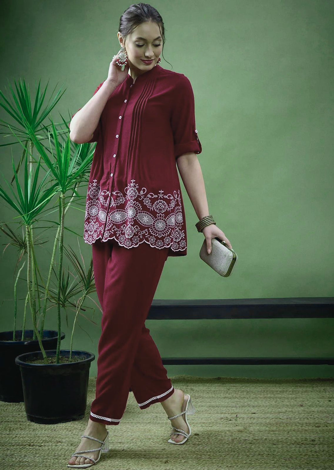 Wine Embroidered Cotton Cord Set for Women