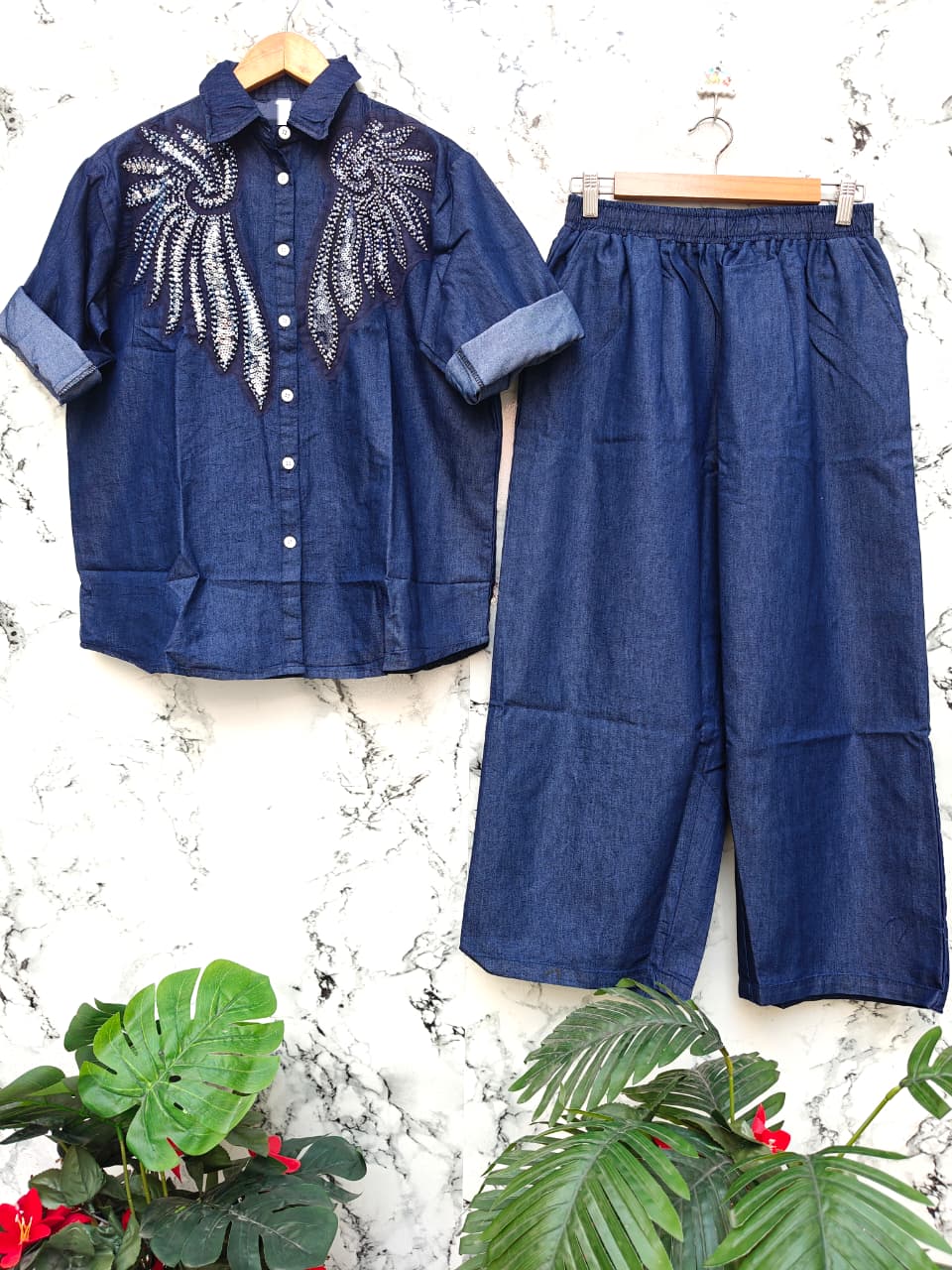 Elegance Embroidered Denim Cord Set