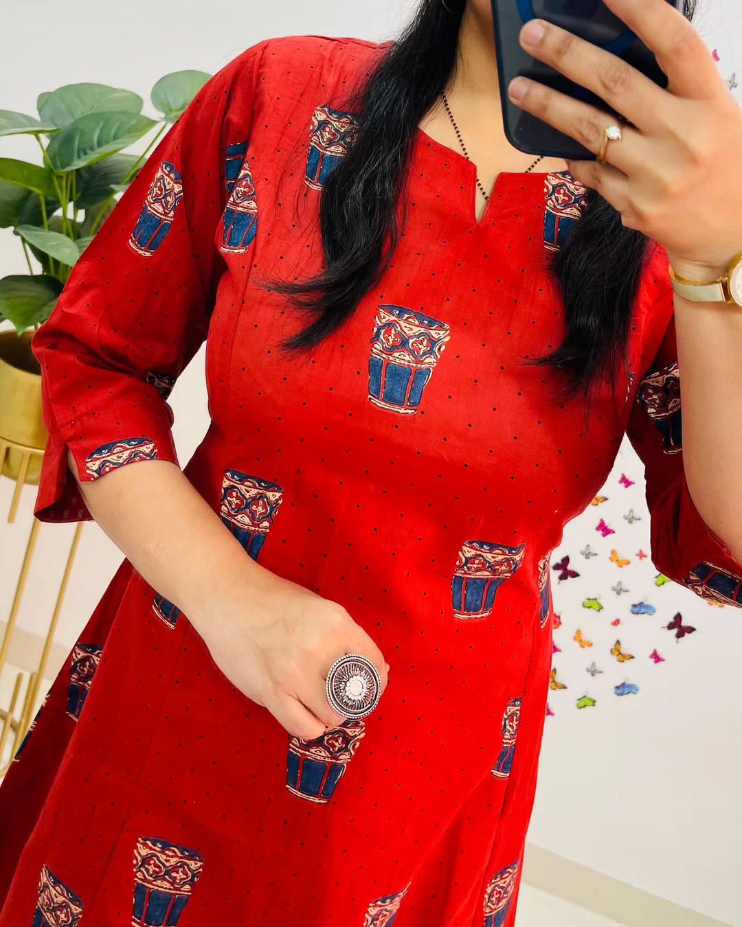 Red Printed A-Line Kurta Set