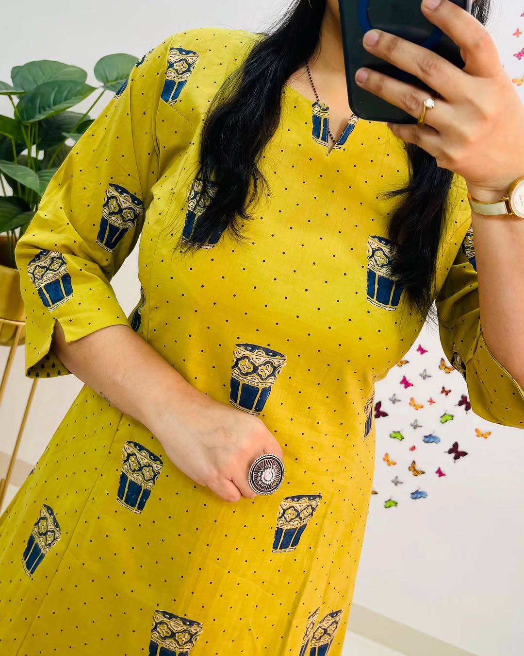 Yellow Printed A-Line Kurta Set