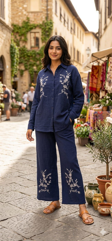 Blue Embroidered Mul Cotton Cord Set