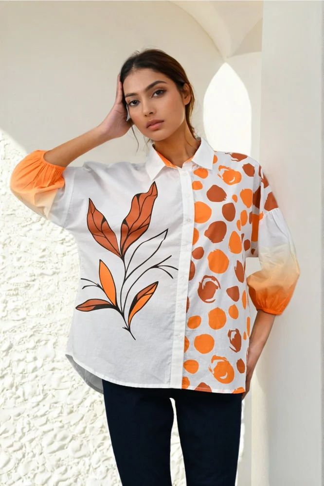 White & Orange Printed Cotton Shirt