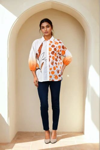 White & Orange Printed Cotton Shirt