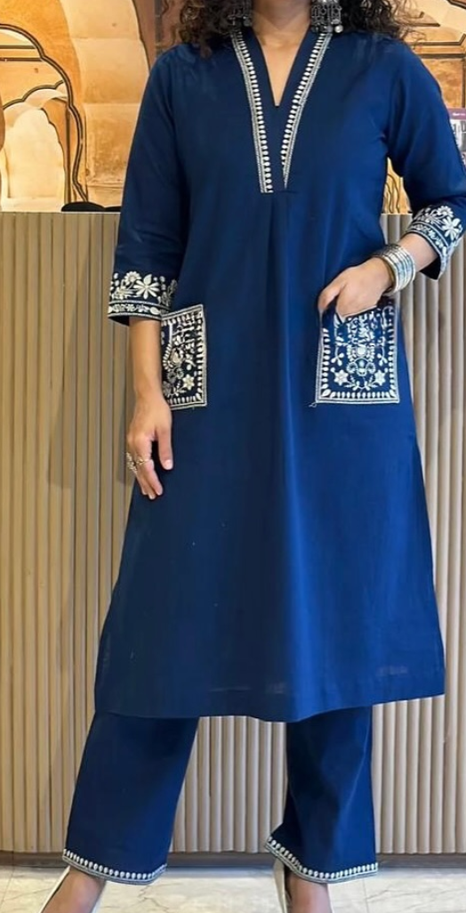 Blue Embroidered Cotton Kurta Set