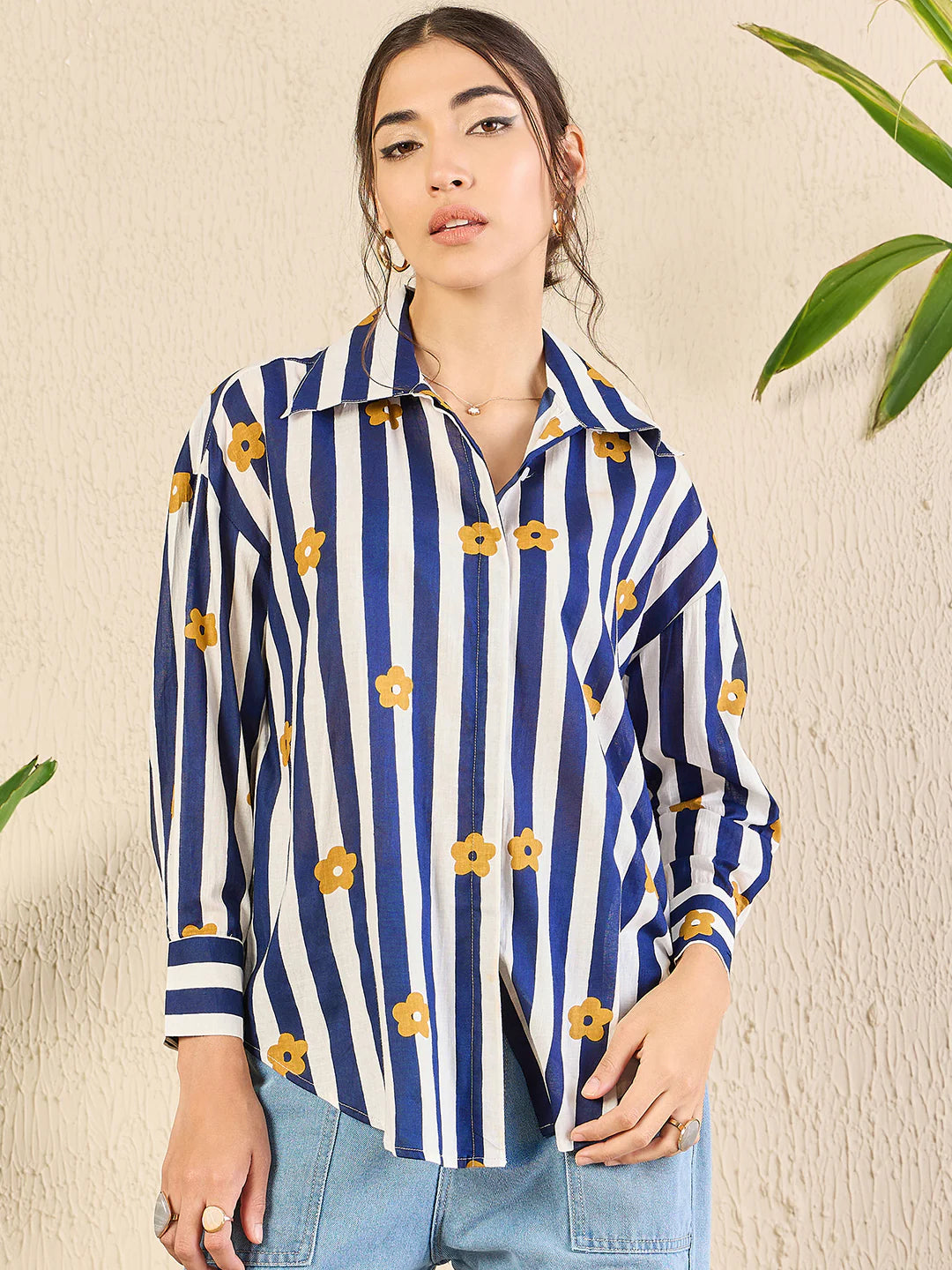 Blue Printed Asymmetrical Cotton Shirt