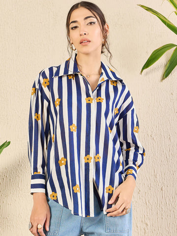 Blue Printed Asymmetrical Cotton Shirt