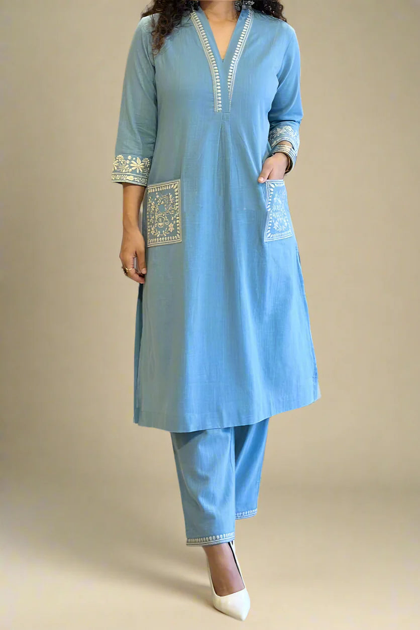 Sky Blue Embroidered Cotton Kurta Set