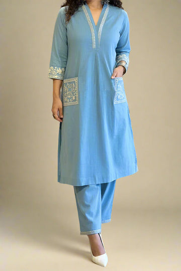 Sky Blue Embroidered Cotton Kurta Set