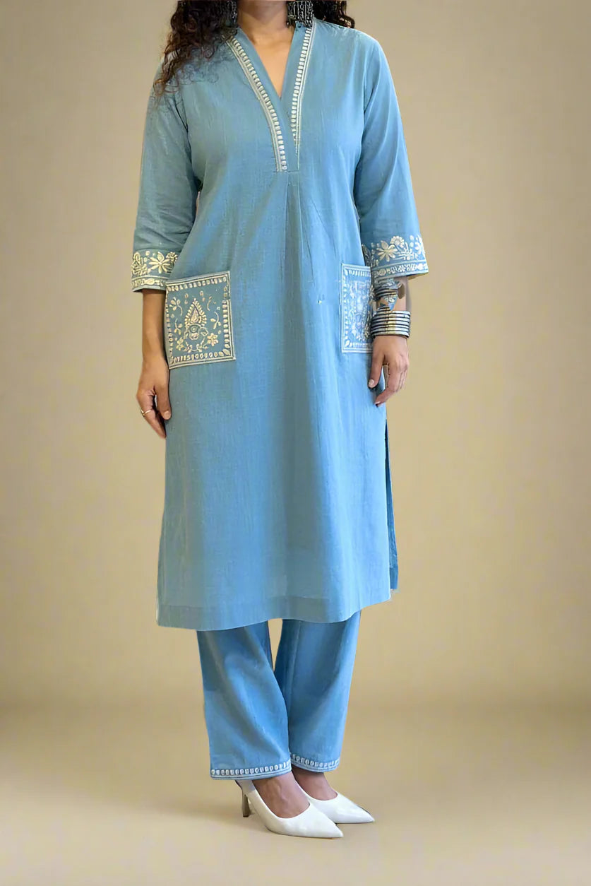 Sky Blue Embroidered Cotton Kurta Set