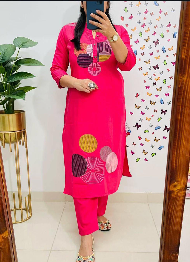 Pinkish Embroidery Cotton Kurta Set