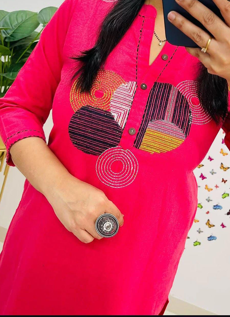 Pinkish Embroidery Cotton Kurta Set