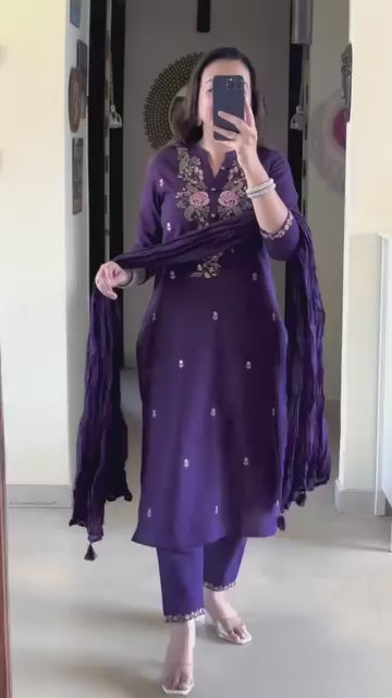 Graceful Purple  Embroidered 3pc Suit Set